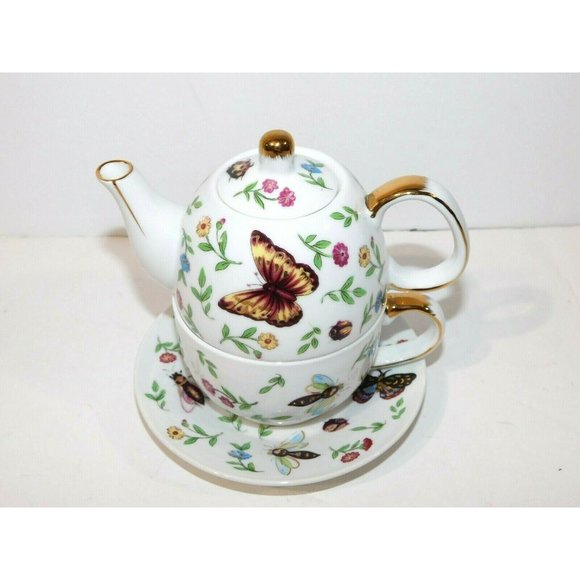 TEAOPIA  Butterfly Bees Floral Teacup / Single Tea pot Set Porcelain Gold - Picture 1 of 10
